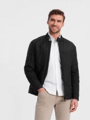 Ocieplana kurtka męska BIKER pikowana we wzór karo - czarna V1 OM-JALP-22FW-006 - XL. Czarne kurtki męskie Ombre Clothing, m, bez wzorów, bez kaptura. W wyprzedaży za 119.99 zł.
