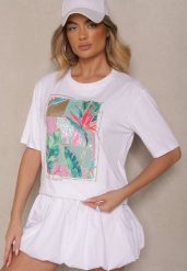 Biały T-shirt z Bawełny Ozdobiony Brokatem Isadelle. Białe t-shirty damskie Renee, m, bez wzorów, z bawełny, klasyczne, bez kołnierzyka, bez ramiączek. Za 39.99 zł.