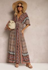 Brązowa Sukienka w Stylu Etnicznym z Gumką w Pasie Wiązana na Plecach Lixara. Brązowe sukienki damskie Renee, l, bez wzorów, boho, bez kołnierzyka, bez ramiączek, maxi, oversize. Za 89.99 zł.