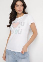Biały Bawełniany T-shirt z Sercem i Napisem Olirwenna. Białe t-shirty damskie Born2be, m, bez wzorów, z bawełny, bez kołnierzyka, bez ramiączek. Za 34.99 zł.