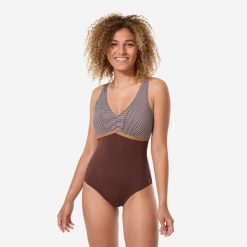 Strój jednoczęściowy do aquafitness damski Nabaiji Rosy. Brązowe stroje kąpielowe damskie Decathlon, l, bez wzorów, z materiału. Za 139.99 zł.