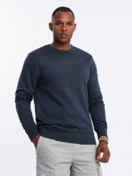 Klasyczna bluza dresowa męska z napisem – granatowa V3 OM-SSPS-0181 - XXL. Niebieskie bluzy męskie Ombre Clothing, l, bez wzorów, z bawełny, klasyczne, bez ramiączek, bez kaptura. Za 95.99 zł.