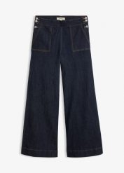 Jeansy wide leg z wysokim stanem i naszywanymi kieszeniami. Niebieskie jeansy damskie bonprix, bez wzorów, z jeansu, z podwyższonym stanem. Za 129.99 zł.