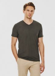 PAKO LORENTE – Zielony gładki t-shirt v-neck. Zielone t-shirty męskie Pako Lorente, m, bez wzorów, z bawełny, bez kołnierzyka, bez ramiączek. Za 39.99 zł.