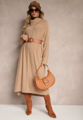 Brązowa Sweterkowa Sukienka z Wiskozą z Golfem i Eleganckimi Rozcięciami Elettrina. Brązowe sukienki damskie Renee, na co dzień, s, bez wzorów, z wiskozy, eleganckie, bez kołnierzyka, bez ramiączek, midi. Za 99.99 zł.