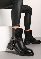 Czarne Casualowe Botki Ozdobione Paskami z Klamrami i Nitami Nialithea. Czarne botki damskie Born2be, bez wzorów, z jeansu, rockowe, bez obcasa, na obcasie, bez zapięcia. Za 139.99 zł.