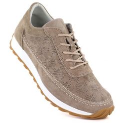 Skórzane półbuty damskie zamszowe jasny braz Sergio Leone SP001. Półbuty damskie Sergio Leone, w ażurowe wzory, ze skóry, bez obcasa, bez zapięcia. Za 179.99 zł.