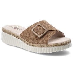 Klapki damskie S.Barski, cholewka z materiału tekstylnego wsuwany fason z szerokim paskiem, brązowe, LR61-7002. Brązowe klapki damskie S.BARSKI, bez wzorów, bez obcasa, bez zapięcia. Za 189.00 zł.