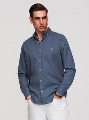 Męska koszula lniana z klasycznym kołnierzykiem i kieszeniami REGULAR FIT – niebieska V4 - Rozmiar: S. Niebieskie koszule męskie Ombre Clothing, na lato, l, z aplikacjami, z bawełny, biznesowe, bez kołnierzyka, bez ramiączek. W wyprzedaży za 160.99 zł.
