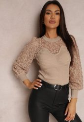 Beżowy Sweter z Prążkowanej Dzianiny z Koronką Ule. Brązowe swetry nierozpinane damskie Renee, s, bez wzorów, z dzianiny, casualowe, bez kołnierzyka, bez ramiączek. Za 119.99 zł.