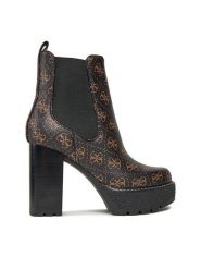 Guess Botki FL8EEA FAL10 Brązowy. Brązowe botki damskie Guess, z aplikacjami, ze skóry, bez obcasa, na słupku, bez zapięcia. Za 919.99 zł.