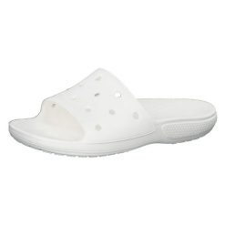Klapki damskie Crocs Classic Slide. Białe klapki damskie Crocs, bez wzorów, z materiału, sportowe, bez obcasa, bez zapięcia. W wyprzedaży za 114.80 zł.