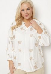 Biała Bluzka z Dekoltem w Serek i Haftowanymi Zdobieniami z Metaliczną Nicią Sovbia. Białe bluzki damskie Born2be, plus size, z aplikacjami, z jeansu, bez kołnierzyka, plus size, bez ramiączek. Za 84.99 zł.