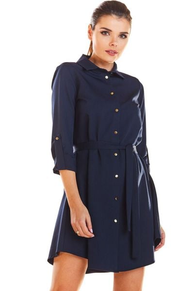 Sukienka koszulowa szmizjerka z paskiem i kołnierzykiem granatowa. Żółte sukienki damskie Infinite You, do pracy, l, bez wzorów, z elastanu, biznesowe, z asymetrycznym kołnierzem, bez ramiączek, asymetryczne. Za 349.00 zł.