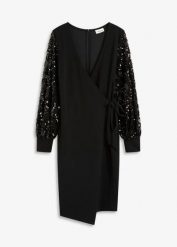 Sukienka midi z aplikacjami z cekinów na rękawach. Czarne sukienki damskie bonprix, z aplikacjami, eleganckie, bez kołnierzyka, bez ramiączek, midi. Za 249.99 zł.
