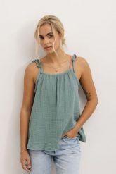 TOP MIA MORSKI L - Flawless. Zielone topy damskie Flawless, l, bez wzorów, z dzianiny, eleganckie, bez kołnierzyka, bez ramiączek. Za 105.00 zł.