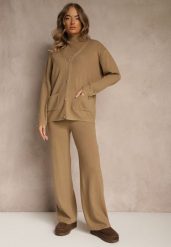 Beżowy Komplet z Dzianiny z Bawełną Spodnie Kardigan i T-shirt z Golfem Ralonia. Brązowe kardigany damskie Renee, bez wzorów, z bawełny, bez kołnierzyka. Za 189.99 zł.