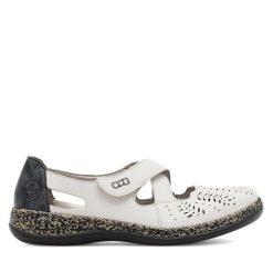 Półbuty Rieker. Białe półbuty damskie Rieker, bez wzorów, bez obcasa, na płaskiej podeszwie, bez zapięcia. Za 329.99 zł.