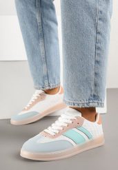 Biało-Niebieskie Sneakersy Typu Tenisówki z Ozdobnymi Paskami Amodelle. Białe trampki i tenisówki damskie Born2be, bez wzorów, z jeansu, bez zapięcia. Za 84.99 zł.