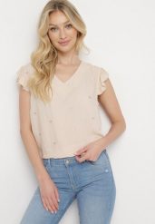 Beżowa Bluzka Top z Wiskozy bez Rękawów z Falbankami w Haftowane Serduszka Taella. Brązowe topy damskie Born2be, l, bez wzorów, z jeansu, eleganckie, bez kołnierzyka, bez ramiączek. Za 59.99 zł.