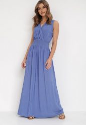 Niebieska Sukienka Clymiolea. Niebieskie sukienki damskie Born2be, m, bez wzorów, z tkaniny, eleganckie, bez kołnierzyka, bez ramiączek, maxi, kopertowe. Za 49.99 zł.
