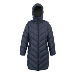 Kurtka puchowa z kapturem dla kobiet Regatta Andia II. Niebieskie kurtki sportowe damskie Regatta, bez wzorów, z puchu, bez ramiączek, z kapturem, trekkingowe. Za 229.99 zł.