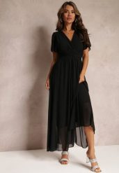 Czarna Rozkloszowana Sukienka z Kopertowym Dekoltem Obillis. Czarne sukienki damskie Renee, na imprezę, uniwersalny, bez wzorów, z jeansu, eleganckie, bez kołnierzyka, bez ramiączek, maxi, kopertowe. Za 99.99 zł.