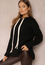 Czarny Sweter Oversize z Kapturem Ukuroa. Czarne swetry nierozpinane damskie Renee, uniwersalny, z aplikacjami, z jeansu, casualowe, bez kołnierzyka, bez ramiączek. Za 69.99 zł.