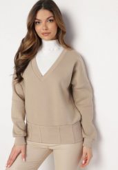 Beżowa Bawełniana Bluza z Dekoltem w Serek Gitra. Brązowe bluzy damskie Born2be, bez wzorów, z bawełny, casualowe, bez ramiączek, bez kaptura. Za 89.99 zł.