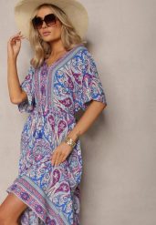 Niebiesko-Fuksjowa Wiskozowa Sukienka Maxi z Gumką w Pasie Ozdobiona Wzorem Paisley Larite. Niebieskie sukienki damskie Renee, na co dzień, na lato, l, bez wzorów, z wiskozy, eleganckie, bez kołnierzyka, bez ramiączek, maxi, kopertowe. Za 59.99 zł.