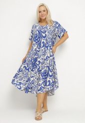 Niebieska Rozkloszowana Sukienka z Wiskozy z Geometrycznym Wzorem Emisova. Niebieskie sukienki damskie Born2be, na co dzień, xl, bez wzorów, z wiskozy, eleganckie, bez kołnierzyka, bez ramiączek, midi, rozkloszowane. Za 74.99 zł.