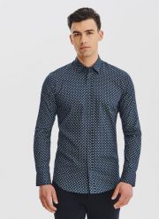 PAKO LORENTE - Granatowa koszula męska we wzór geometryczny. Koszule męskie Pako Lorente, na jesień, l, bez wzorów, z bawełny, bez kołnierzyka, bez ramiączek. Za 119.99 zł.