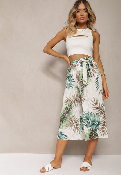 Biało-Zielone Plisowane Spodnie z Szerokimi Nogawkami High Waist z Gumką w Talii Alfia. Białe spodnie materiałowe damskie Renee, bez wzorów, z bawełny, eleganckie, z podwyższonym stanem. Za 44.99 zł.