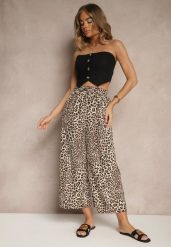 Czarno-Beżowe Spodnie Wide Leg z Gumką w Talii w Panterkowy Wzór Filanira. Czarne spodnie materiałowe damskie Renee, bez wzorów, z jeansu, eleganckie. Za 29.99 zł.