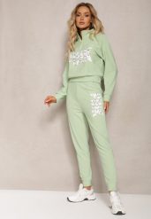 Jasnozielony Komplet z Napisem Bluza Krótka i Spodnie ze Ściągaczami Nimilia. Zielone bluzy damskie Renee, l, bez wzorów, bez ramiączek, bez kaptura. Za 69.99 zł.
