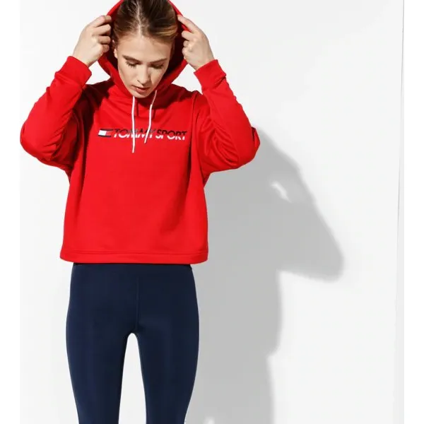 Tommy Sport Bluza Z Kapturem Cropped Vertical Logo , czerwony, rozmiar XS. Czerwone bluzy damskie Tommy Hilfiger, s, bez wzorów, z materiału, sportowe, bez ramiączek, z kapturem. W wyprzedaży za 279.99 zł.