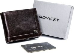 Rovicky Portfel męski poziomy ze skóry naturalnej z ochroną RFID PROTECT Rovicky. Brązowe portfele męskie ROVICKY, bez wzorów, ze skóry. Za 132.56 zł.