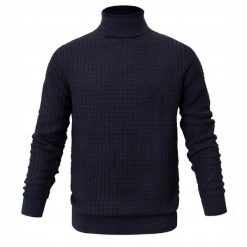 Męski Golf Bawełniany (Faktura Tkaniny) - Pako Jeans - Głęboki Granat. Niebieskie swetry męskie Pako Jeans, l, bez wzorów, z bawełny, klasyczne, bez kołnierzyka, bez ramiączek. Za 209.00 zł.