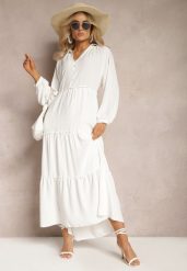 Biała Rozkloszowana Sukienka Maxi z Falbankami i Kołnierzykiem Rehtima. Białe sukienki damskie Renee, l, bez wzorów, bez kołnierzyka, bez ramiączek, maxi, rozkloszowane. Za 79.99 zł.