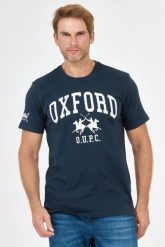 LA MARTINA Granatowy t-shirt męski z dużym logo. Niebieskie t-shirty męskie La Martina, l, bez wzorów, bez kołnierzyka, bez ramiączek. W wyprzedaży za 169.99 zł.