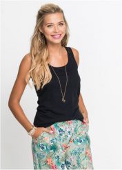 Tank top z koronką. Czarne topy damskie bonprix, bez wzorów, z koronki, klasyczne, bez kołnierzyka, bez ramiączek. Za 44.99 zł.