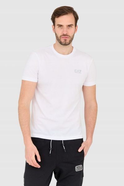 EA7 Biały t-shirt męski z małym szarym logo, Rozmiar XXL. Białe t-shirty męskie EA7 Emporio Armani, m, bez wzorów, bez kołnierzyka, bez ramiączek. W wyprzedaży za 147.99 zł.