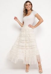 Jasnobeżowa Tiulowa Spódnica Maxi z Gumką w Talii i Falbankami Veida. Brązowe spódnice damskie Born2be, m, z aplikacjami, z tiulu, maxi, rozkloszowane. Za 139.99 zł.