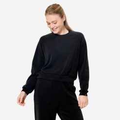 Bluza do jogi damska Domyos. Czarne bluzy damskie DOMYOS, m, bez wzorów, z elastanu, sportowe, bez ramiączek, bez kaptura. Za 129.99 zł.