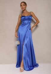 Niebieska Sukienka na Ramiączkach o Rozkloszowanym Kroju z Wiązaniem na Plecach Katirione. Niebieskie sukienki damskie Renee, na imprezę, m, bez wzorów, eleganckie, bez kołnierzyka, bez ramiączek, maxi, kopertowe. Za 169.99 zł.