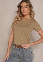 Ciemnozielony T-shirt z Bawełny z Brokatem i Cyrkoniami Ilirana. Zielone t-shirty damskie Renee, m, z aplikacjami, z bawełny, eleganckie, bez kołnierzyka, bez ramiączek. Za 39.99 zł.