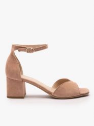 Brudnoróżowe sandały na słupku. Czerwone sandały damskie Ryłko, bez wzorów, ze skóry, z okrągłym noskiem, bez obcasa, na obcasie, bez zapięcia. Za 399.99 zł.