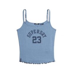Kobiece top z koronki z wzorem Superdry Athletic. Niebieskie koszulki sportowe damskie Superdry, bez wzorów, z koronki, bez ramiączek. Za 119.30 zł.