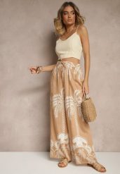 Ciemnobeżowe Spodnie z Wiskozy o Szerokim Kroju High Waist z Palmami Varritia. Brązowe spodnie materiałowe damskie Renee, na lato, bez wzorów, z jeansu, eleganckie, z podwyższonym stanem. Za 39.99 zł.