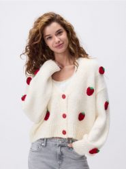 Kardigan z naszywanymi aplikacjami - kremowy. Białe kardigany damskie Reserved, l, z aplikacjami, z dzianiny, bez kołnierzyka. W wyprzedaży za 119.99 zł.